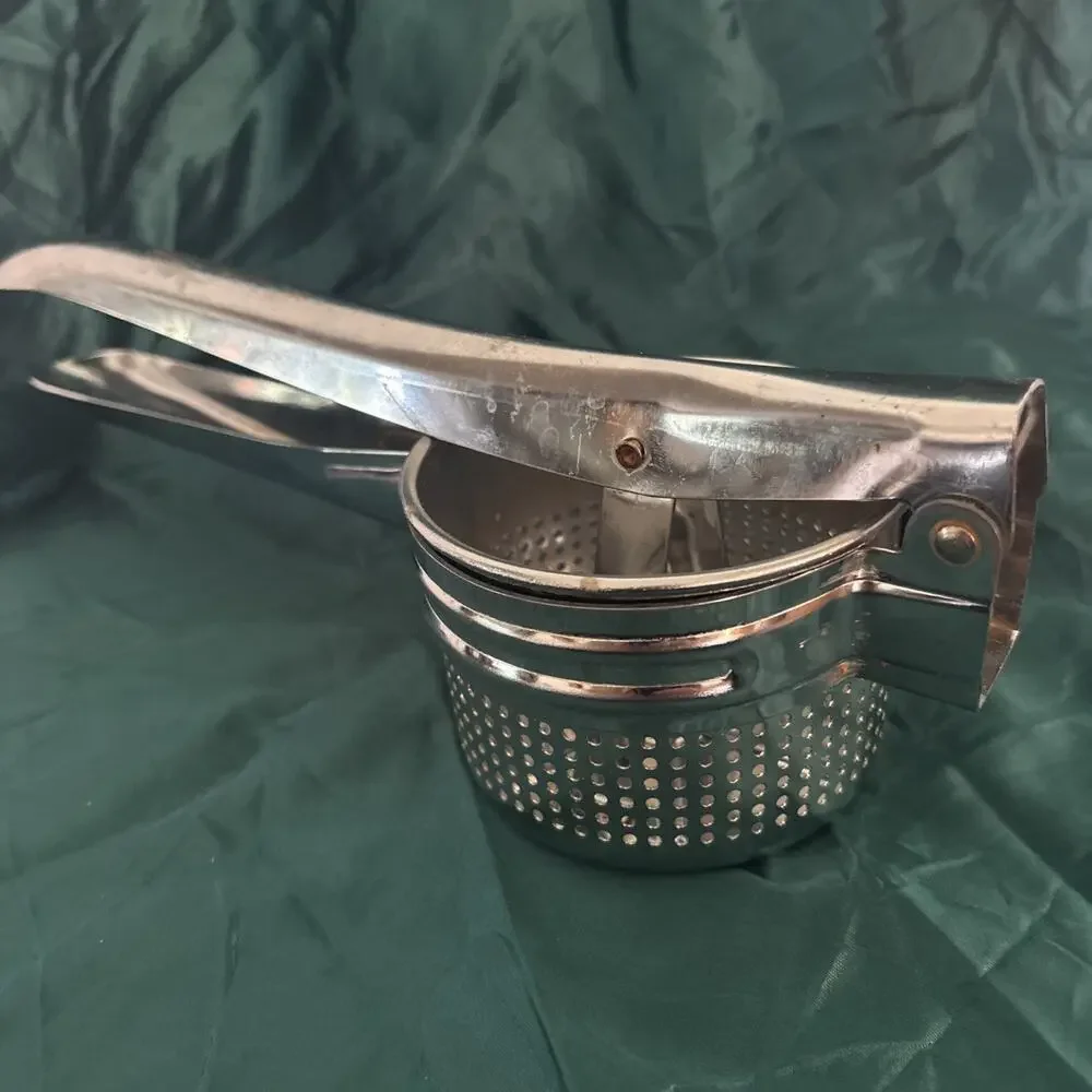Vintage Metal Tomato Potato Crusher Masher Rice, Juicer Kitchen Gadget Strainer